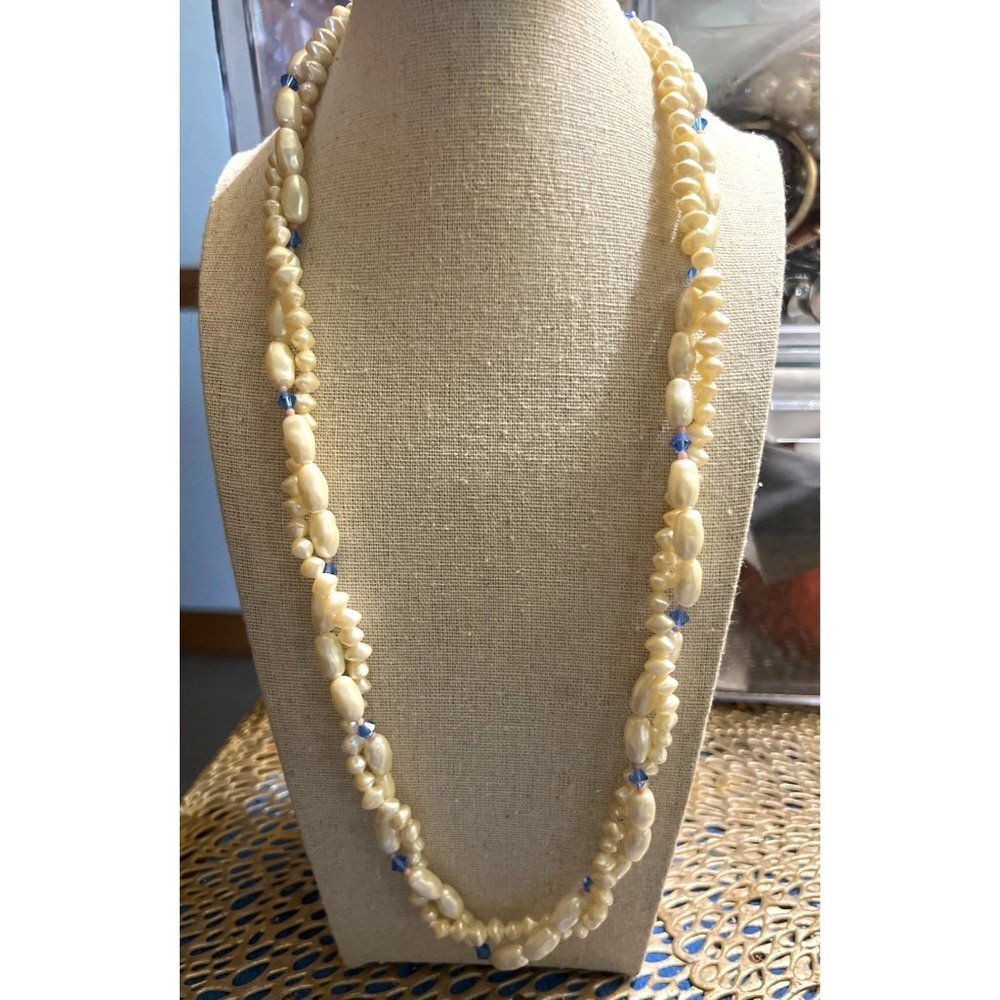 Faux Pearl & Blue Crystal Twist Necklace -- 26"